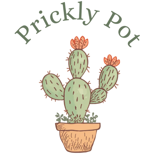 Illustration of a potted cactus with 'Prickly Pot' text on a beige background